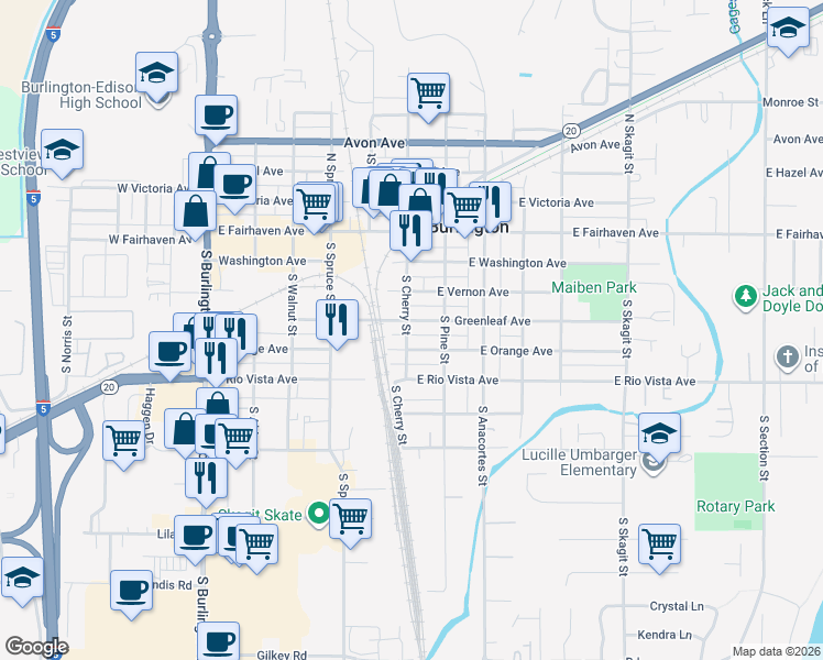 map of restaurants, bars, coffee shops, grocery stores, and more near 408 South Cherry Street in Burlington