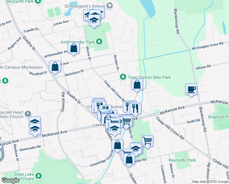 map of restaurants, bars, coffee shops, grocery stores, and more near Lakehill Place in Victoria