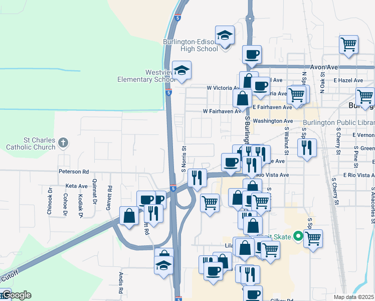 map of restaurants, bars, coffee shops, grocery stores, and more near 525 South Norris Street in Burlington