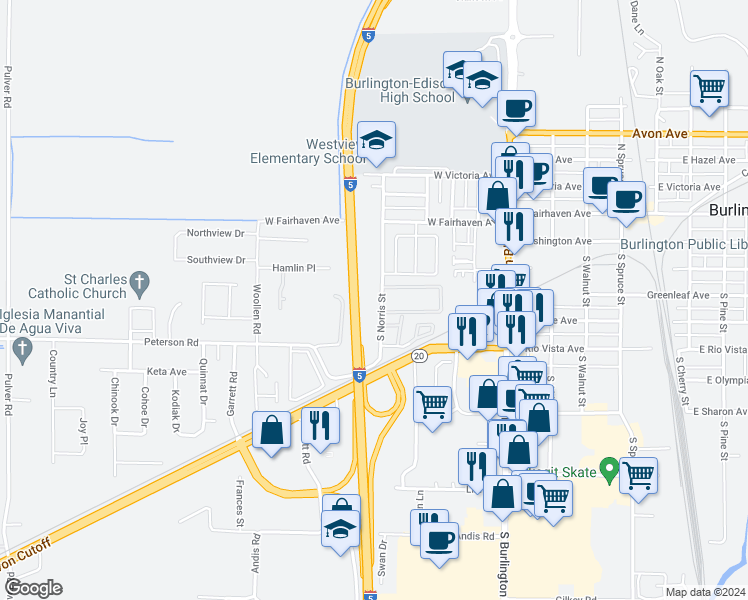 map of restaurants, bars, coffee shops, grocery stores, and more near 525 South Norris Street in Burlington