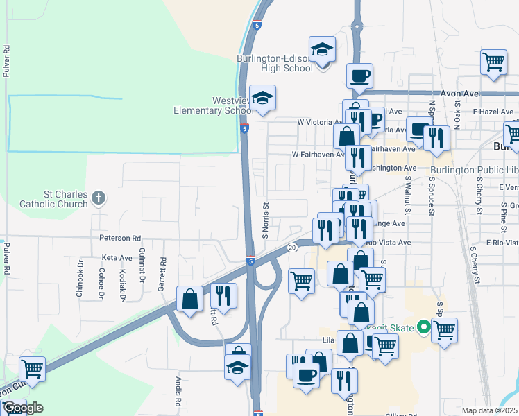 map of restaurants, bars, coffee shops, grocery stores, and more near 451 South Norris Street in Burlington