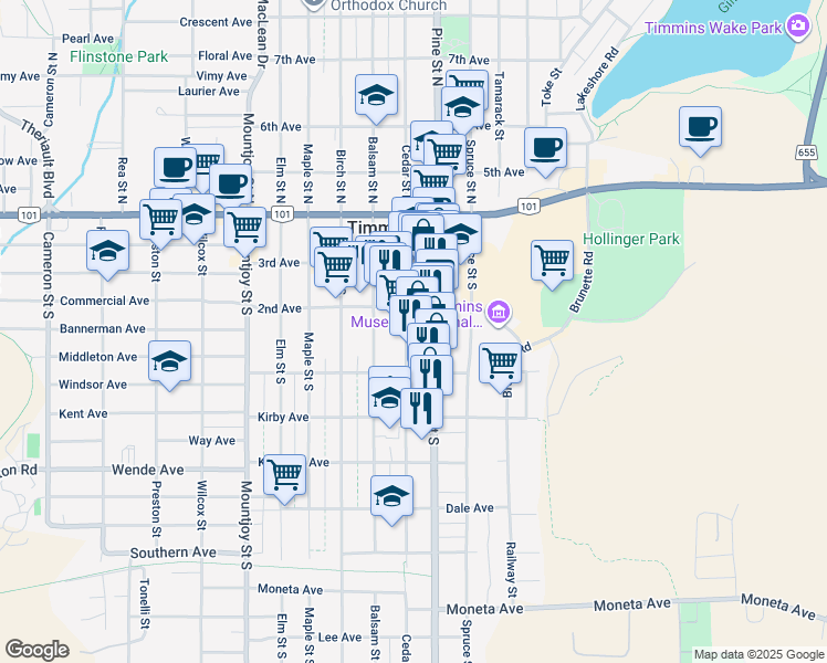 map of restaurants, bars, coffee shops, grocery stores, and more near 169 Pine Street South in Timmins