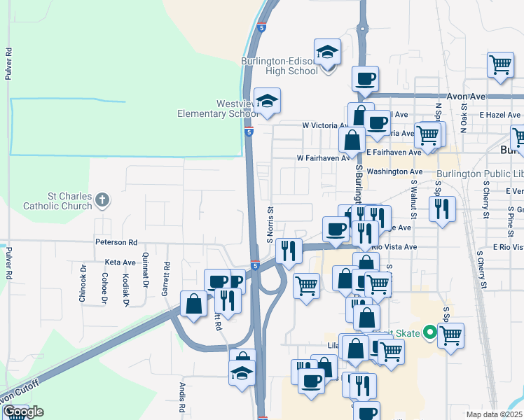 map of restaurants, bars, coffee shops, grocery stores, and more near 525 South Norris Street in Burlington