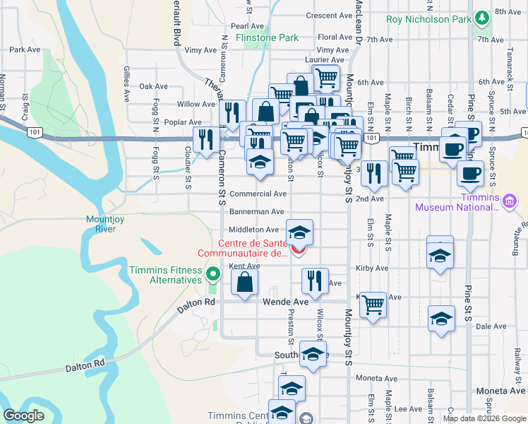 map of restaurants, bars, coffee shops, grocery stores, and more near Bannerman Avenue in Timmins