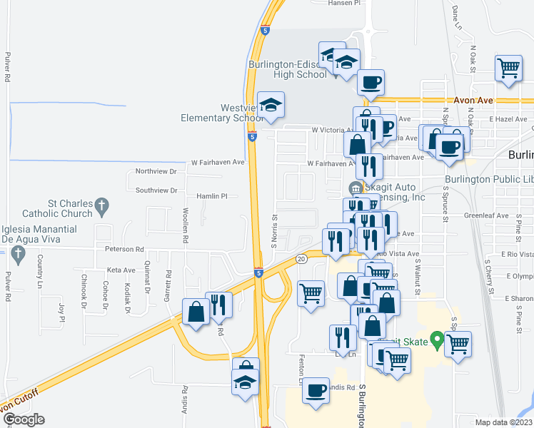 map of restaurants, bars, coffee shops, grocery stores, and more near 427 South Norris Street in Burlington