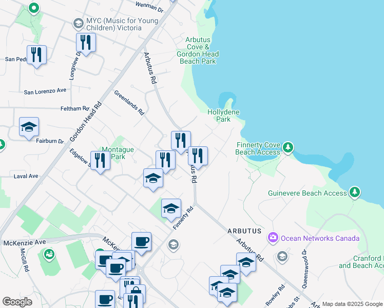 map of restaurants, bars, coffee shops, grocery stores, and more near 3980 Hollydene Place in Victoria