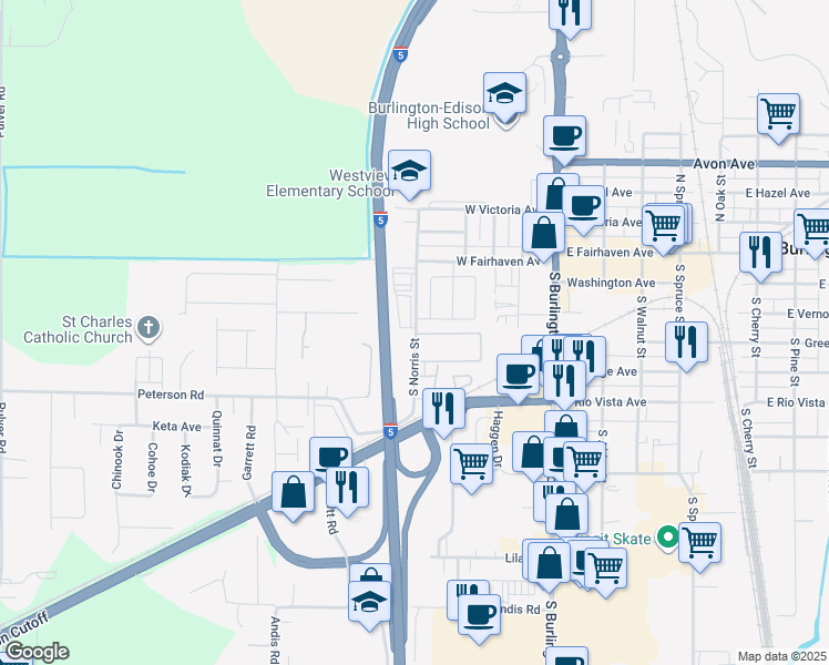 map of restaurants, bars, coffee shops, grocery stores, and more near 207 South Norris Street in Burlington