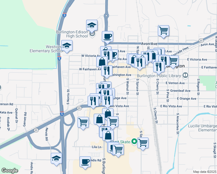 map of restaurants, bars, coffee shops, grocery stores, and more near 280 South Burlington Boulevard in Burlington
