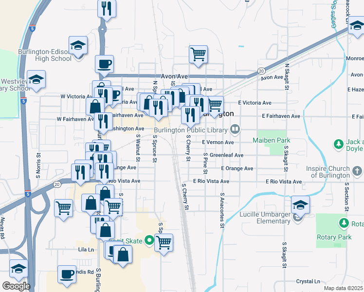 map of restaurants, bars, coffee shops, grocery stores, and more near 301 South Cherry Street in Burlington