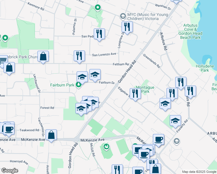 map of restaurants, bars, coffee shops, grocery stores, and more near 1861 Chimo Place in Victoria