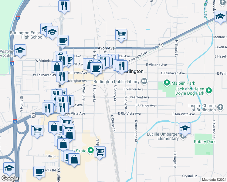 map of restaurants, bars, coffee shops, grocery stores, and more near 301 South Cherry Street in Burlington