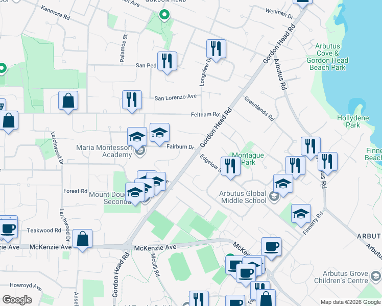 map of restaurants, bars, coffee shops, grocery stores, and more near 4024 Gordon Head Road in Victoria