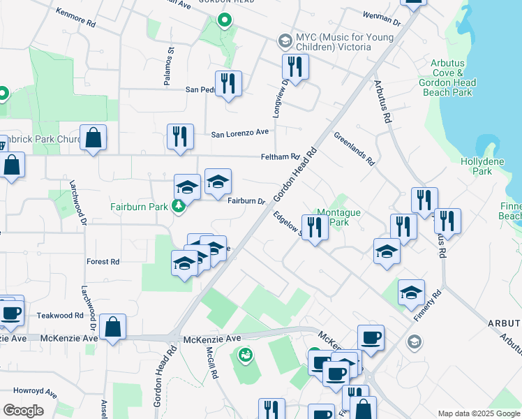 map of restaurants, bars, coffee shops, grocery stores, and more near 4024 Gordon Head Road in Victoria