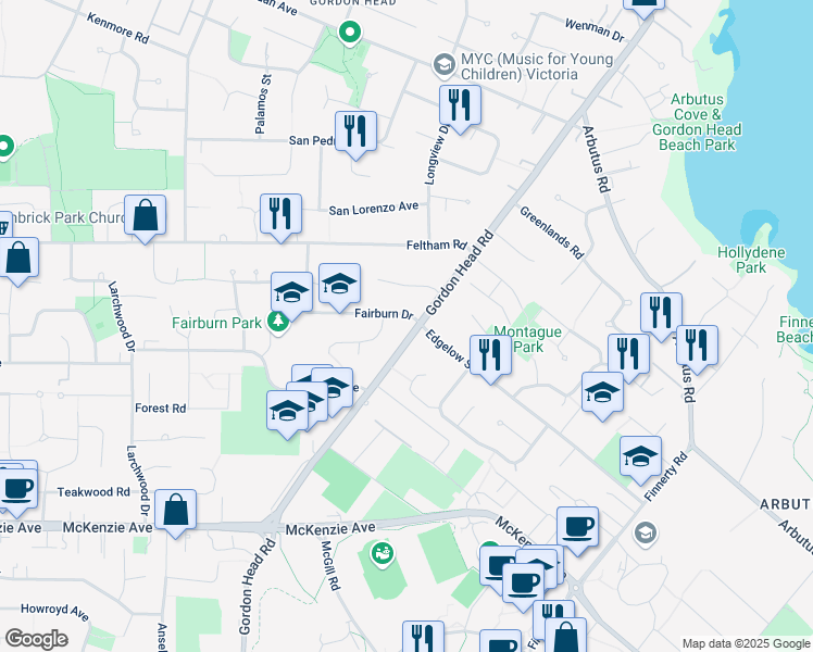 map of restaurants, bars, coffee shops, grocery stores, and more near 4024 Gordon Head Road in Victoria