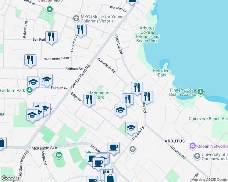 map of restaurants, bars, coffee shops, grocery stores, and more near 2300 Hazelton Place in Victoria