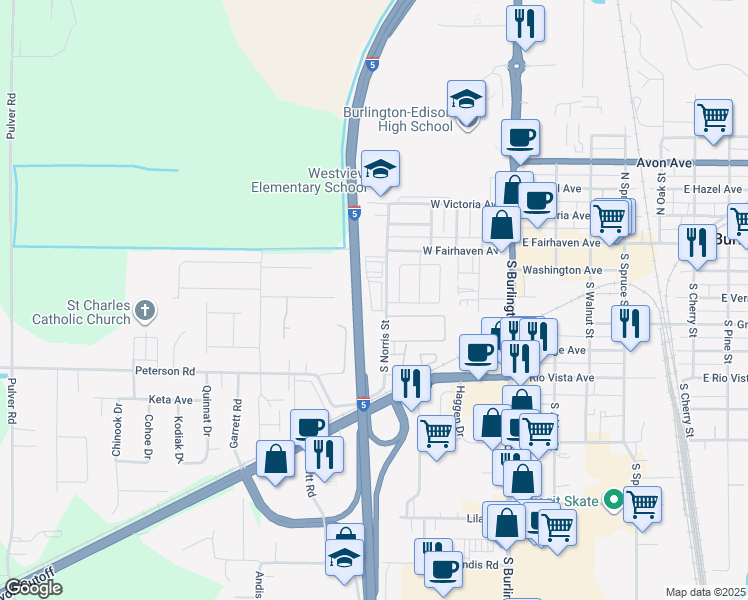 map of restaurants, bars, coffee shops, grocery stores, and more near 207 S Norris St in Burlington