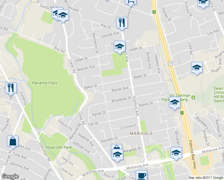 map of restaurants, bars, coffee shops, grocery stores, and more near 562 Baxter Avenue in Victoria