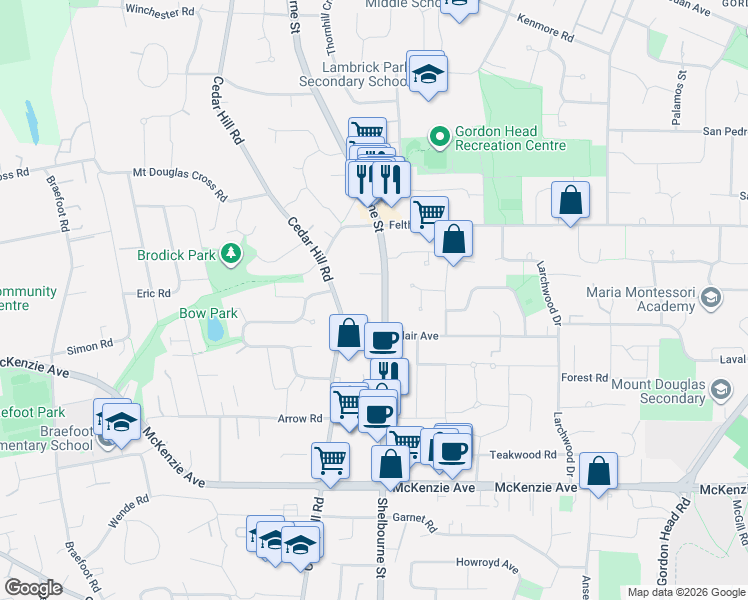 map of restaurants, bars, coffee shops, grocery stores, and more near 4030 Shelbourne Street in Victoria