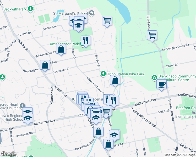 map of restaurants, bars, coffee shops, grocery stores, and more near 1087 Willow Street in Victoria