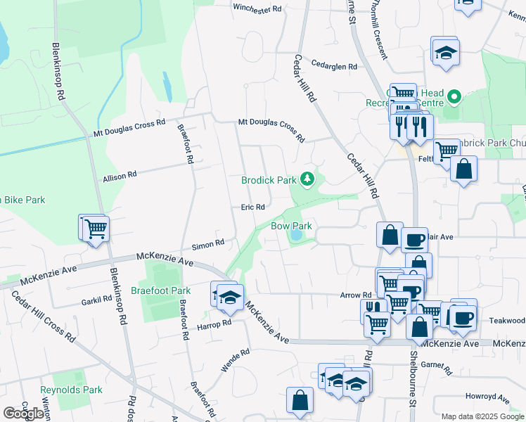 map of restaurants, bars, coffee shops, grocery stores, and more near 1513 Eric Road in Victoria