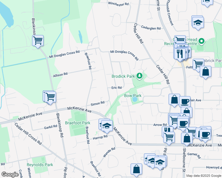 map of restaurants, bars, coffee shops, grocery stores, and more near 1493 Eric Road in Victoria