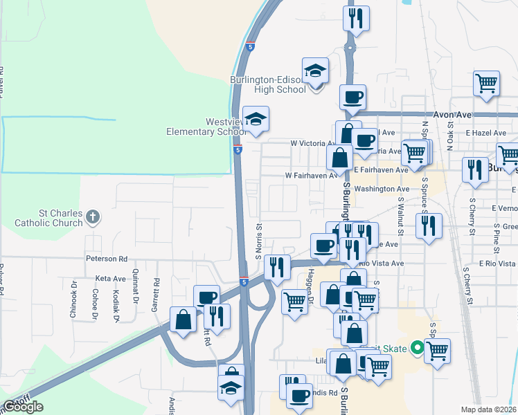 map of restaurants, bars, coffee shops, grocery stores, and more near 207 South Norris Street in Burlington
