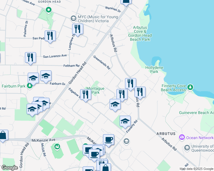 map of restaurants, bars, coffee shops, grocery stores, and more near 2300 Hazelton Place in Victoria