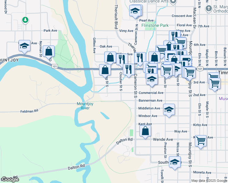 map of restaurants, bars, coffee shops, grocery stores, and more near 366 Commercial Avenue in Timmins
