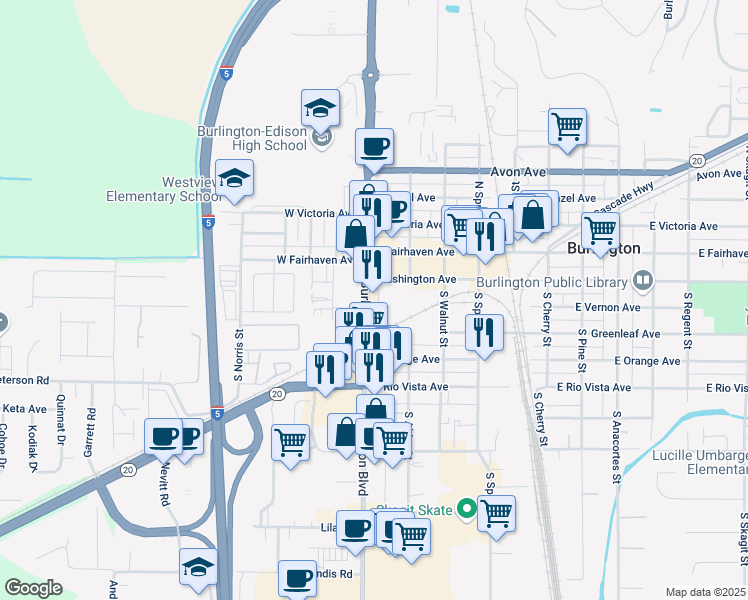 map of restaurants, bars, coffee shops, grocery stores, and more near 280 South Burlington Boulevard in Burlington