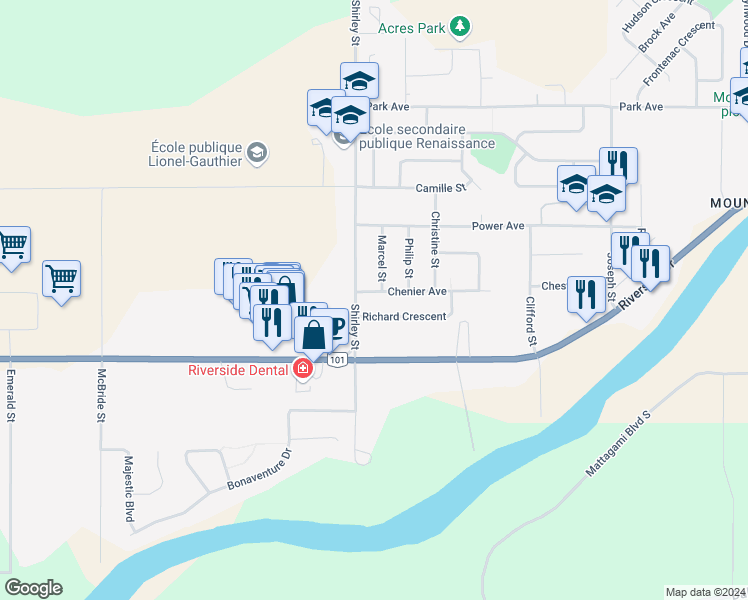map of restaurants, bars, coffee shops, grocery stores, and more near 1383 Chenier Avenue in Timmins