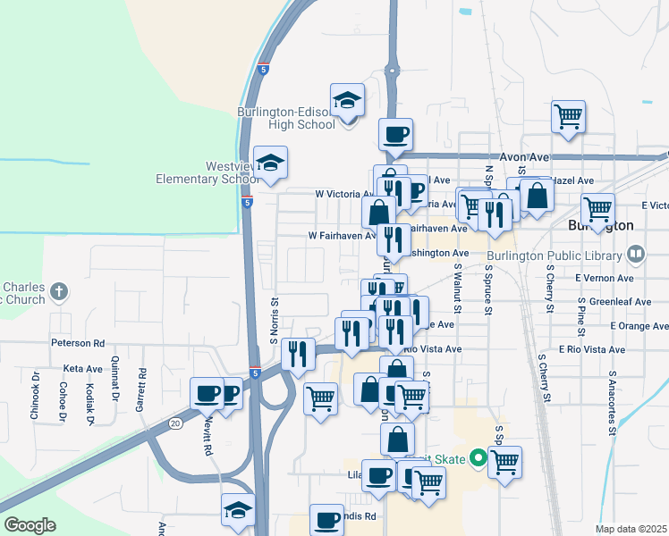 map of restaurants, bars, coffee shops, grocery stores, and more near 128 Heritage Place in Burlington