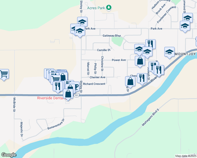 map of restaurants, bars, coffee shops, grocery stores, and more near 1325 Chenier Avenue in Timmins
