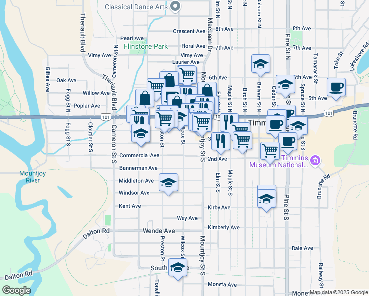map of restaurants, bars, coffee shops, grocery stores, and more near 88 Wilcox Street in Timmins