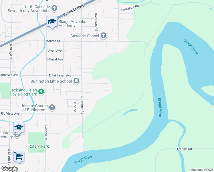 map of restaurants, bars, coffee shops, grocery stores, and more near 20340 Sanchez Lane in Burlington