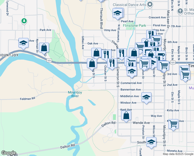map of restaurants, bars, coffee shops, grocery stores, and more near 366 Commercial Avenue in Timmins