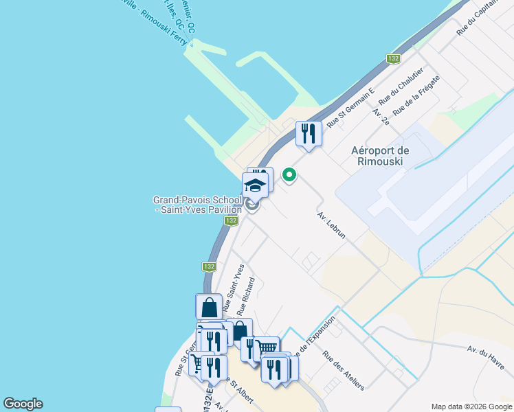 map of restaurants, bars, coffee shops, grocery stores, and more near 529 Rue Saint Germain East in Rimouski