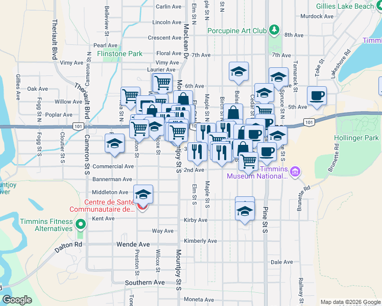 map of restaurants, bars, coffee shops, grocery stores, and more near 69 Elm Street South in Timmins