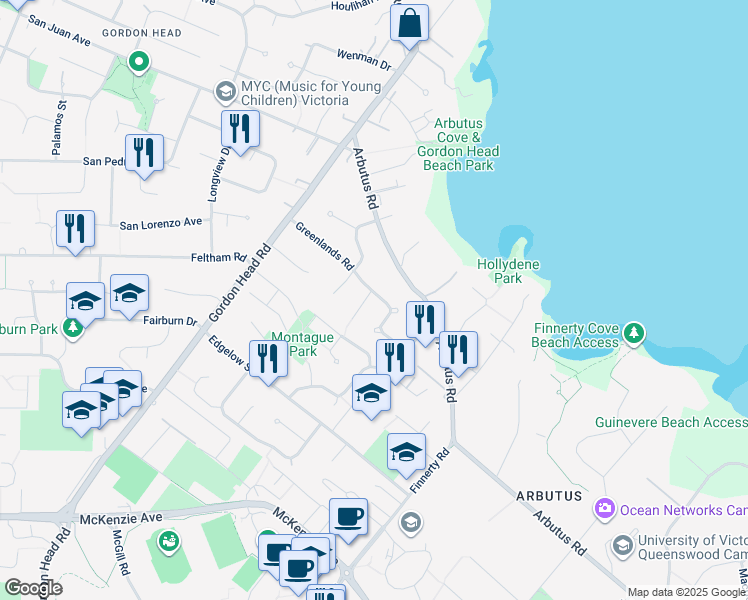 map of restaurants, bars, coffee shops, grocery stores, and more near 2287 Greenlands Road in Victoria