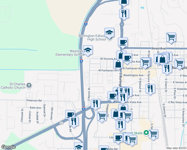 map of restaurants, bars, coffee shops, grocery stores, and more near 415 West Fairhaven Avenue in Burlington