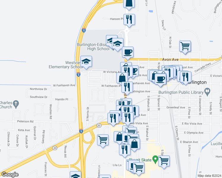 map of restaurants, bars, coffee shops, grocery stores, and more near in Burlington