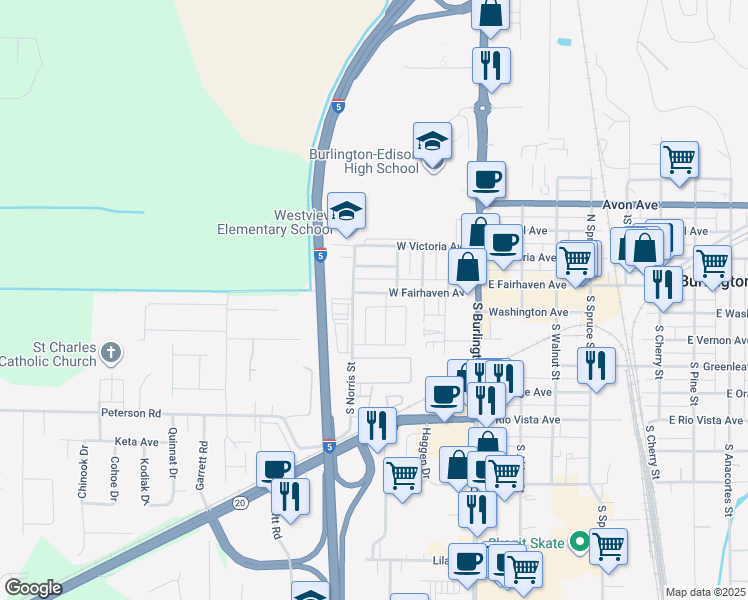 map of restaurants, bars, coffee shops, grocery stores, and more near 415 West Fairhaven Avenue in Burlington