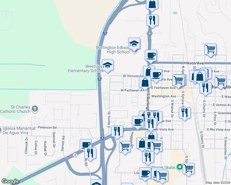 map of restaurants, bars, coffee shops, grocery stores, and more near 415 West Fairhaven Avenue in Burlington