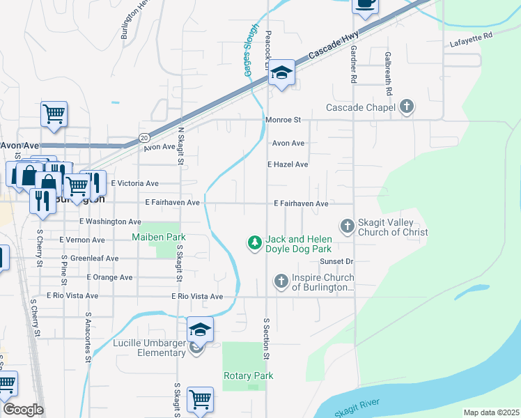 map of restaurants, bars, coffee shops, grocery stores, and more near 1341 East Fairhaven Avenue in Burlington