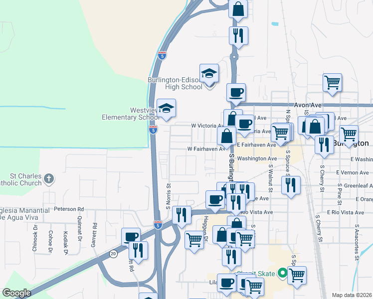 map of restaurants, bars, coffee shops, grocery stores, and more near 415 West Fairhaven Avenue in Burlington