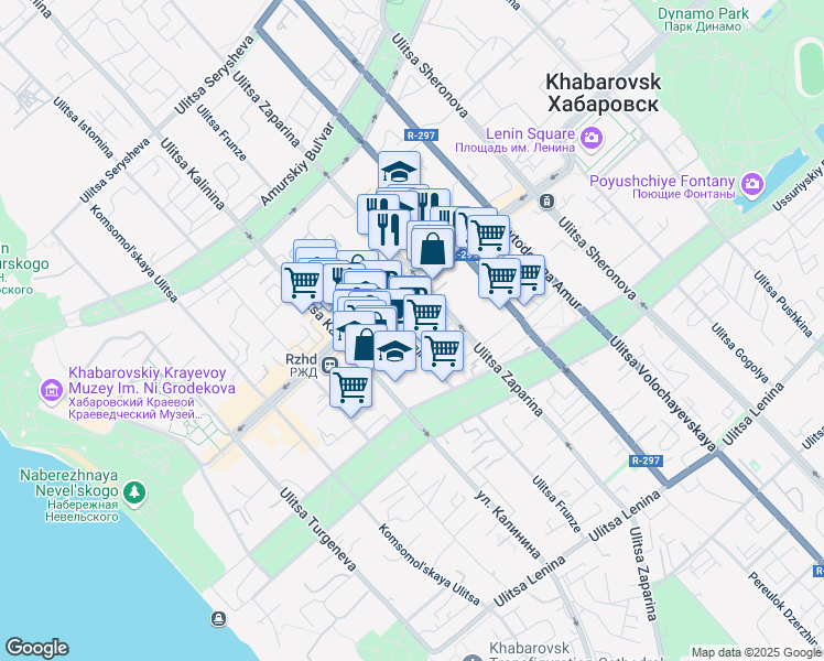 map of restaurants, bars, coffee shops, grocery stores, and more near 60 ulitsa Frunze in Khabarovsk
