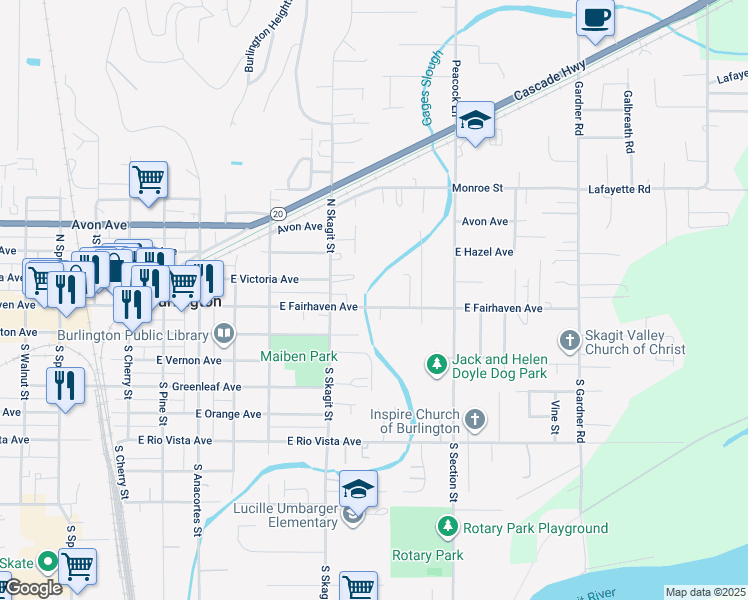 map of restaurants, bars, coffee shops, grocery stores, and more near 1225 East Fairhaven Avenue in Burlington