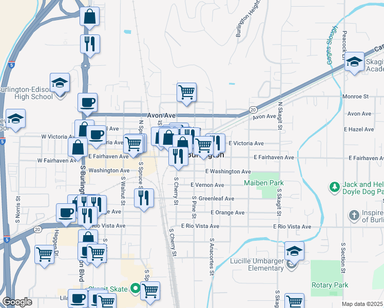 map of restaurants, bars, coffee shops, grocery stores, and more near 641 East Fairhaven Avenue in Burlington