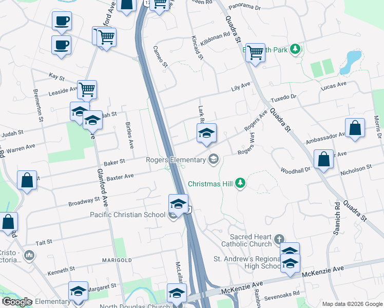 map of restaurants, bars, coffee shops, grocery stores, and more near 734 Rogers Avenue in Victoria