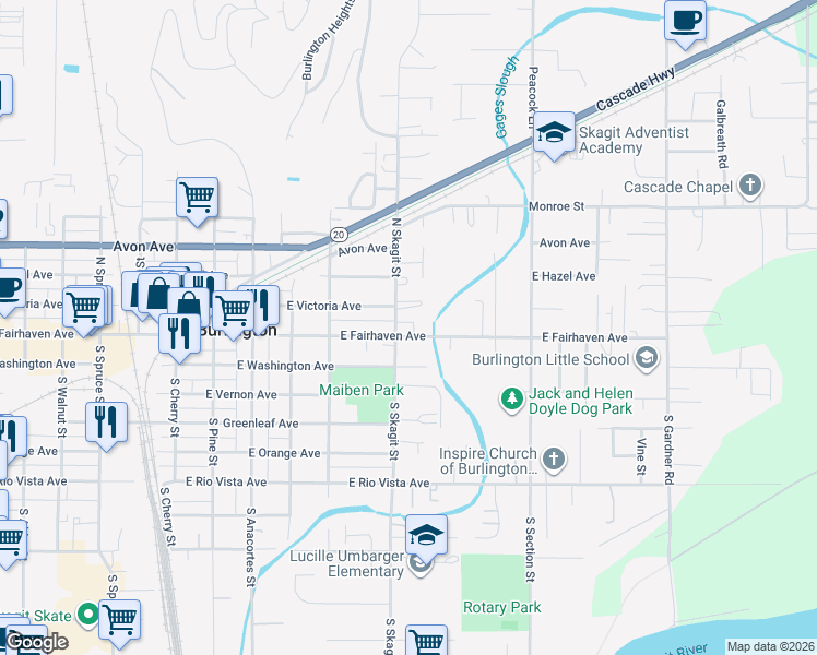 map of restaurants, bars, coffee shops, grocery stores, and more near 102 South Skagit Street in Burlington