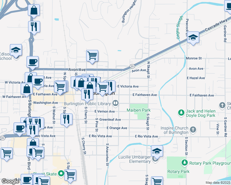 map of restaurants, bars, coffee shops, grocery stores, and more near 835 East Fairhaven Avenue in Burlington